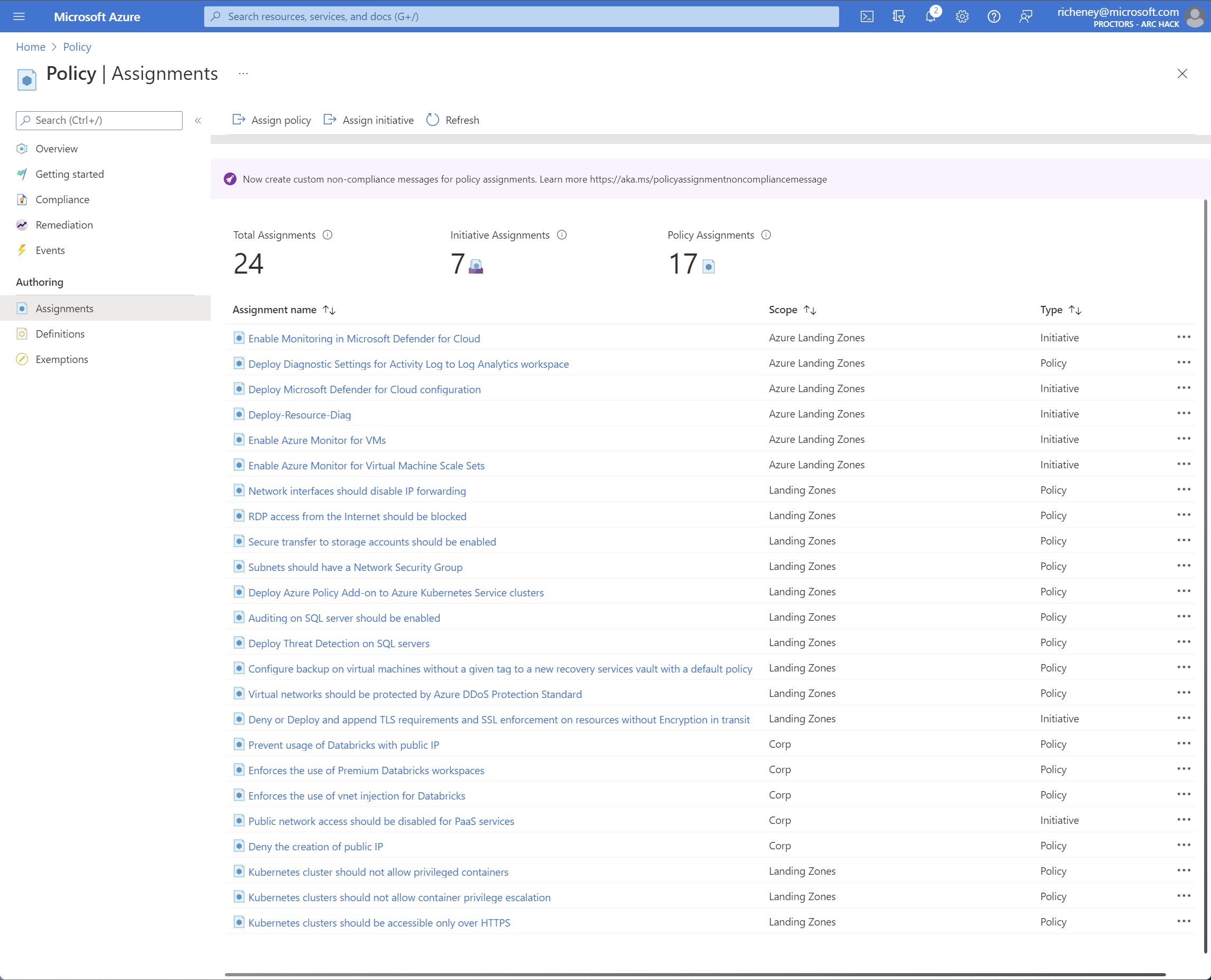 Policy assignments inherited by the subscription
