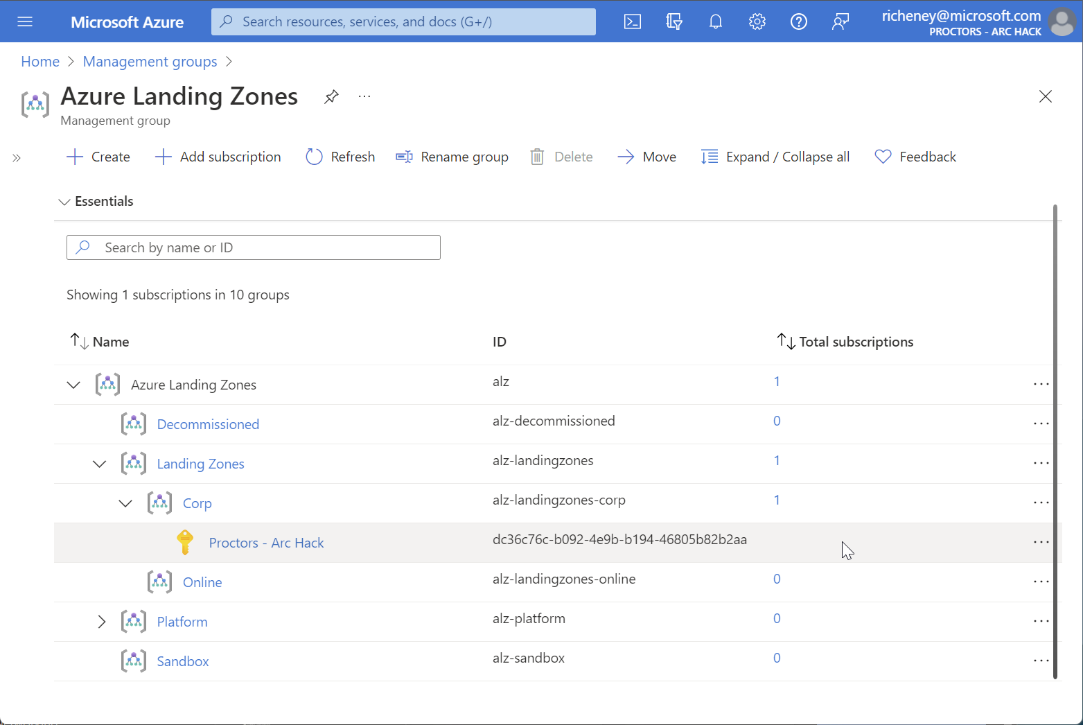 Subscription placed under Corp management group