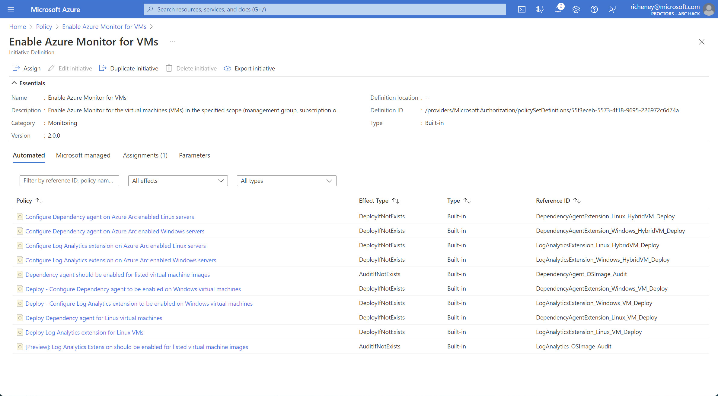 Policy assignments inherited by the subscription