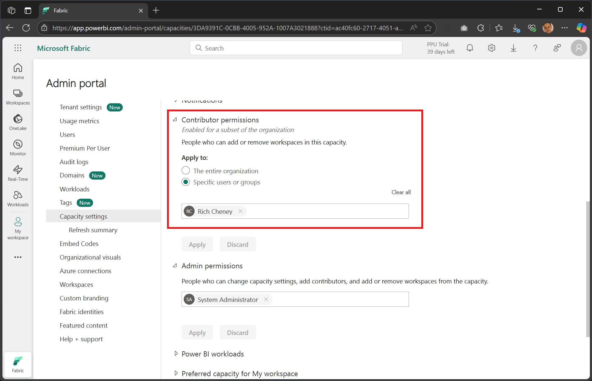 Screenshot of the Admin Portal showing the properties of a selected Fabric capacity. The properties include the list of Capacity Admins and the Contributors.