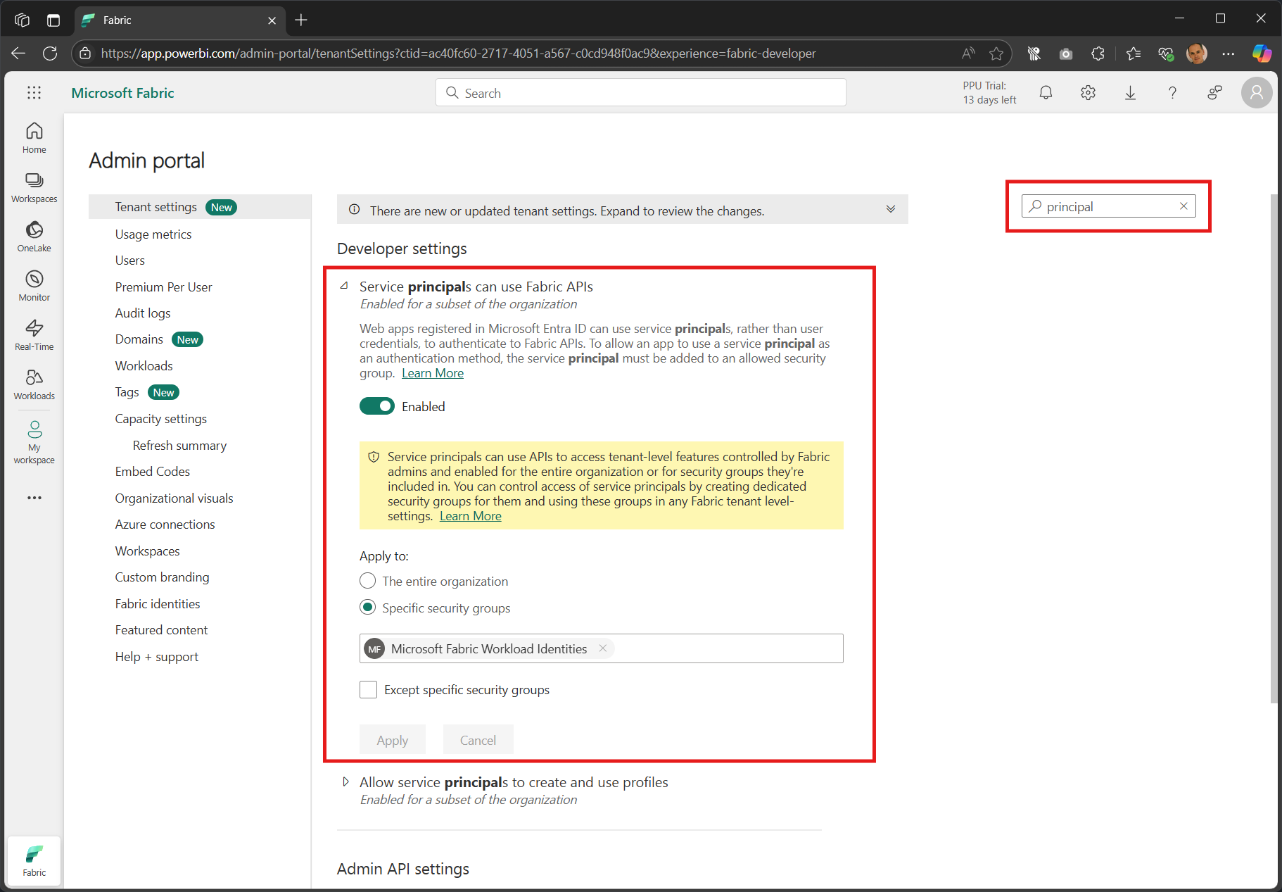 Screenshot of the Fabric Admin Portal showing the new security group in the developer settings