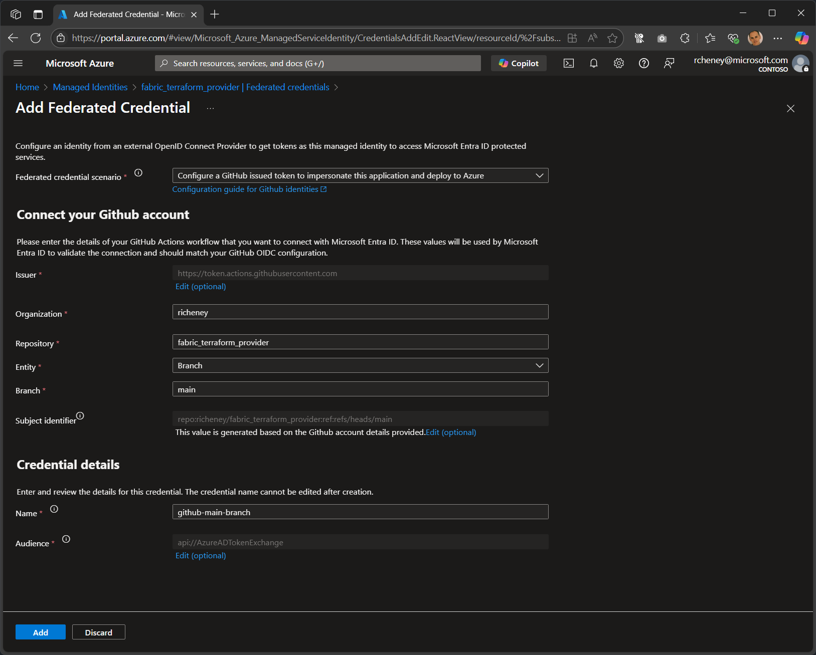 Azure portal screenshot showing the Add federated credential form with GitHub details filled in.