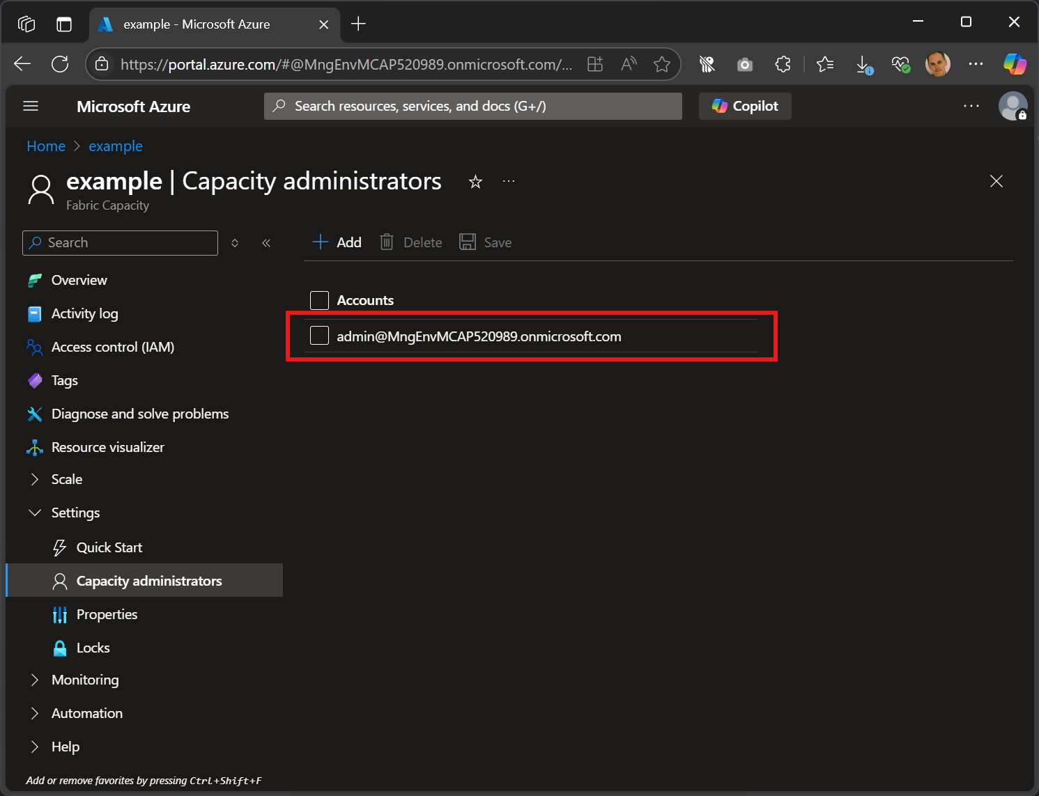 Screenshot of the Azure Portal showing the Capacity administrators settings for a selected Fabric capacity. The interface includes options to add or remove administrators and displays the current list of assigned admins.