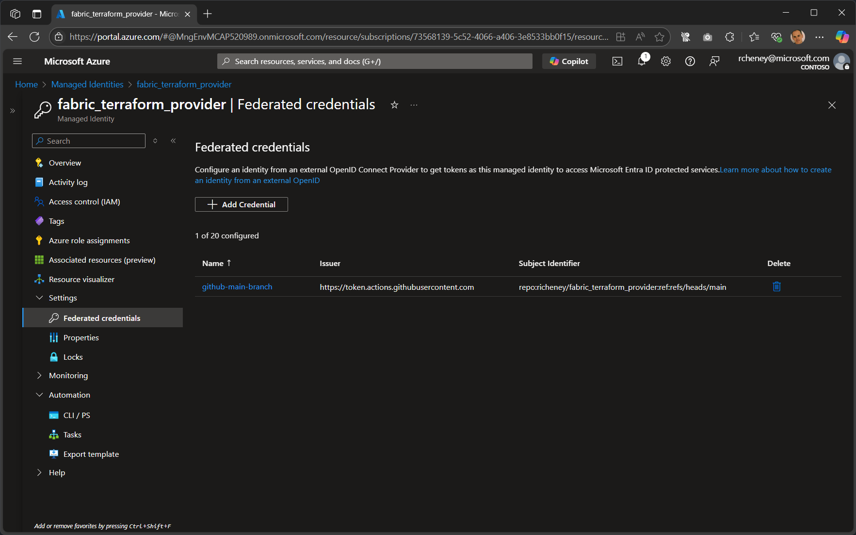 Azure portal screenshot showing the completed federated credential for the managed identity, with GitHub repository and branch details filled in.