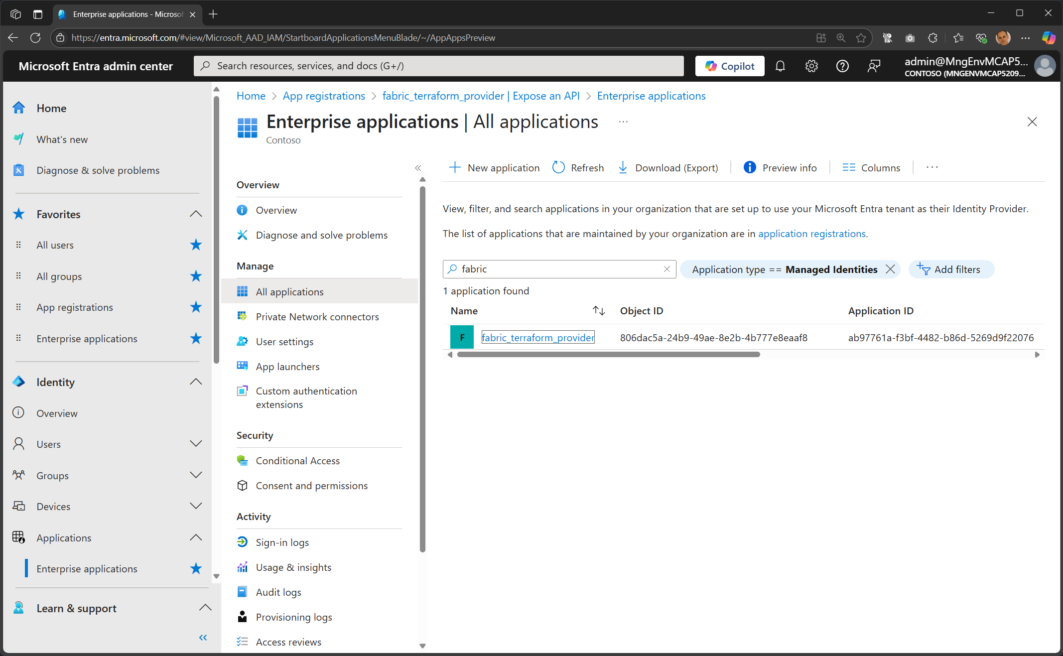 Screenshot of the Enterprise Applications page in Entra admin portal, filtered to show managed identities related to ‘fabric’
