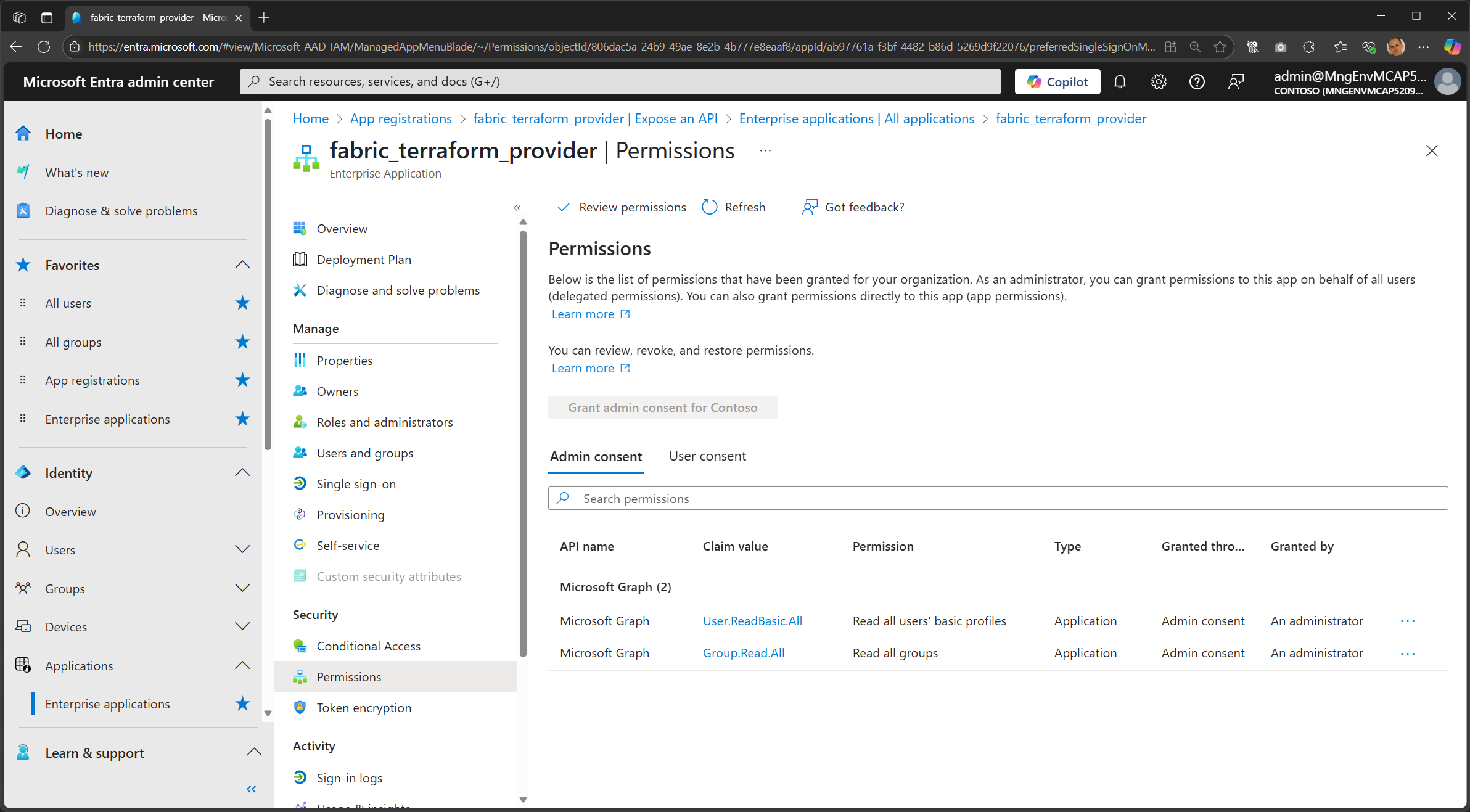 Screenshot of the Permissions tab for a managed identity, showing assigned app roles in the Entra admin portal