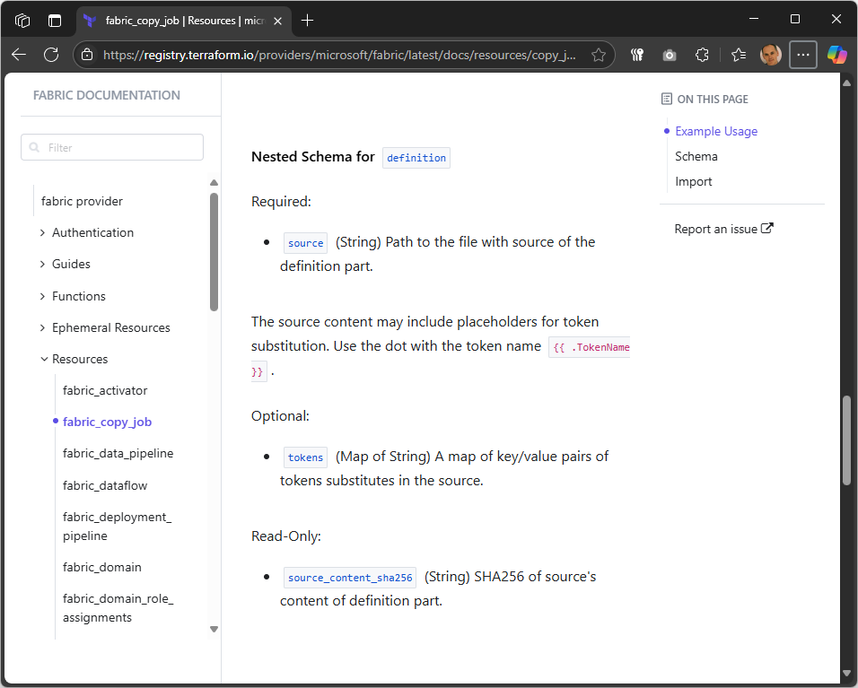 Screenshot of the Fabric Terraform provider documentation for the Copy Job resource