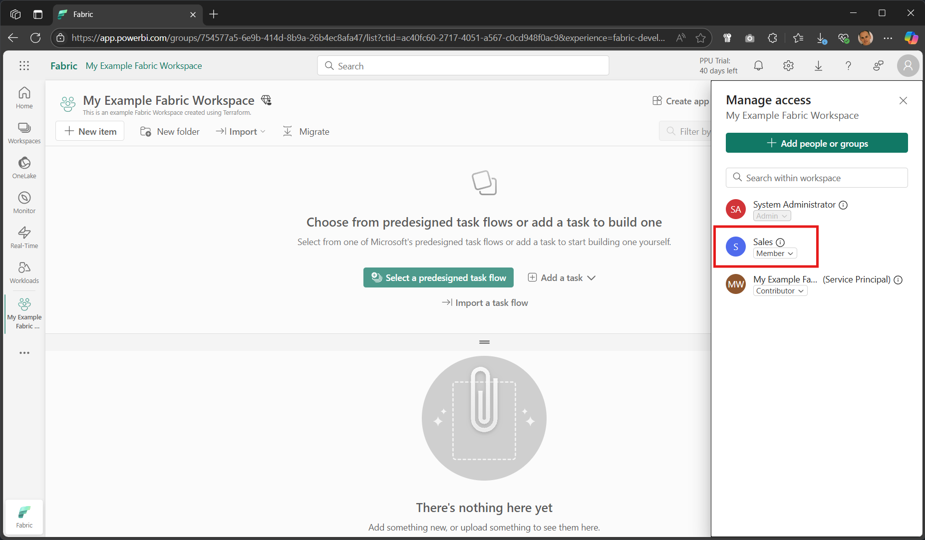 Screenshot of the Fabric Developer portal showing the new workspace role assignment for an Entra security group named Sales.