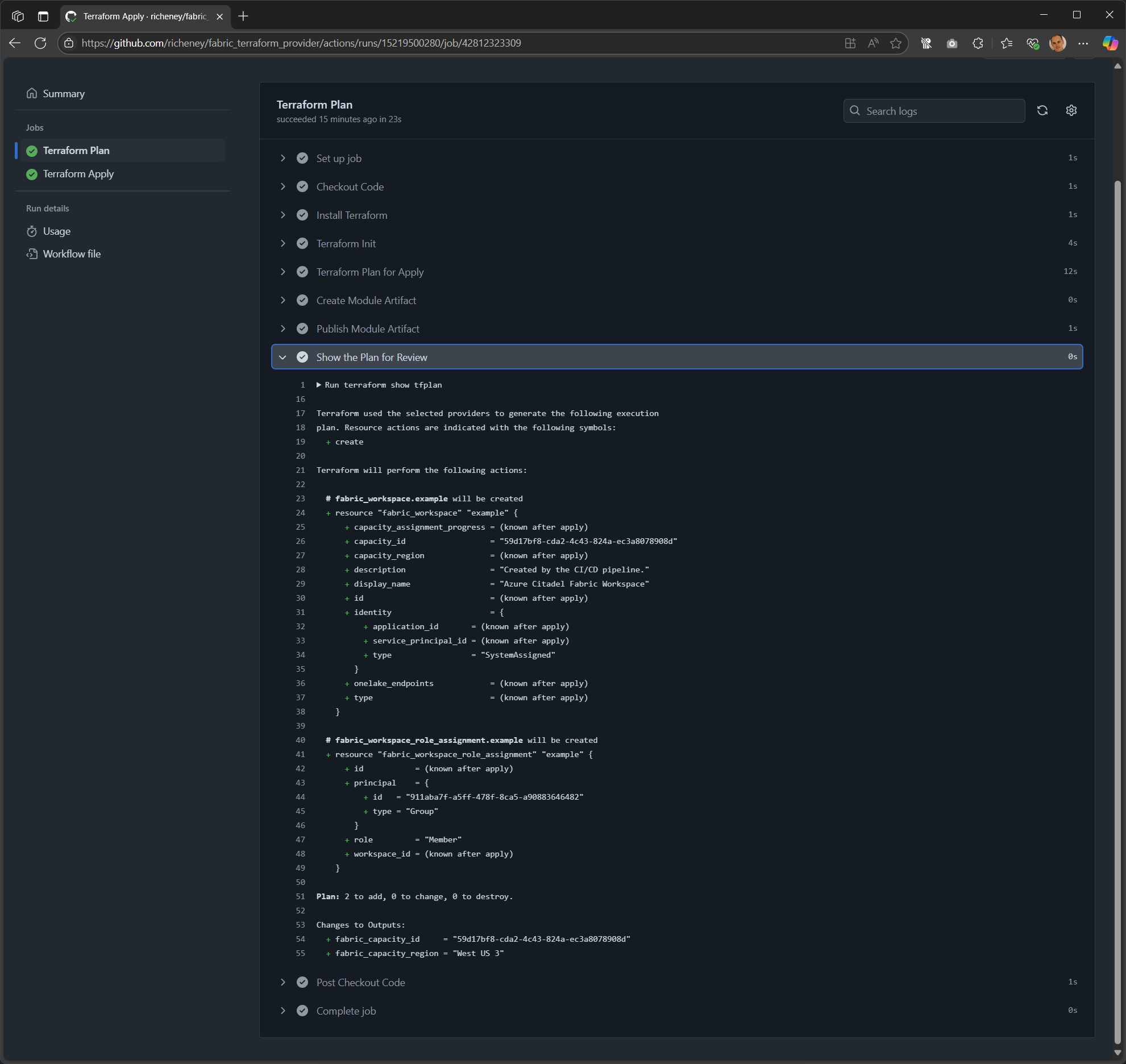 Screenshot showing the GitHub Actions run details page, where you can view logs and job status for a workflow run.