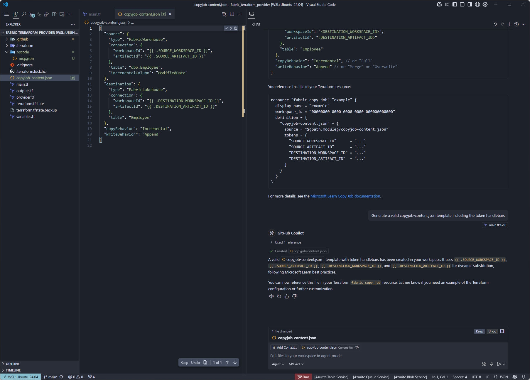 GitHub Copilot Agent creating an example template file for the definition