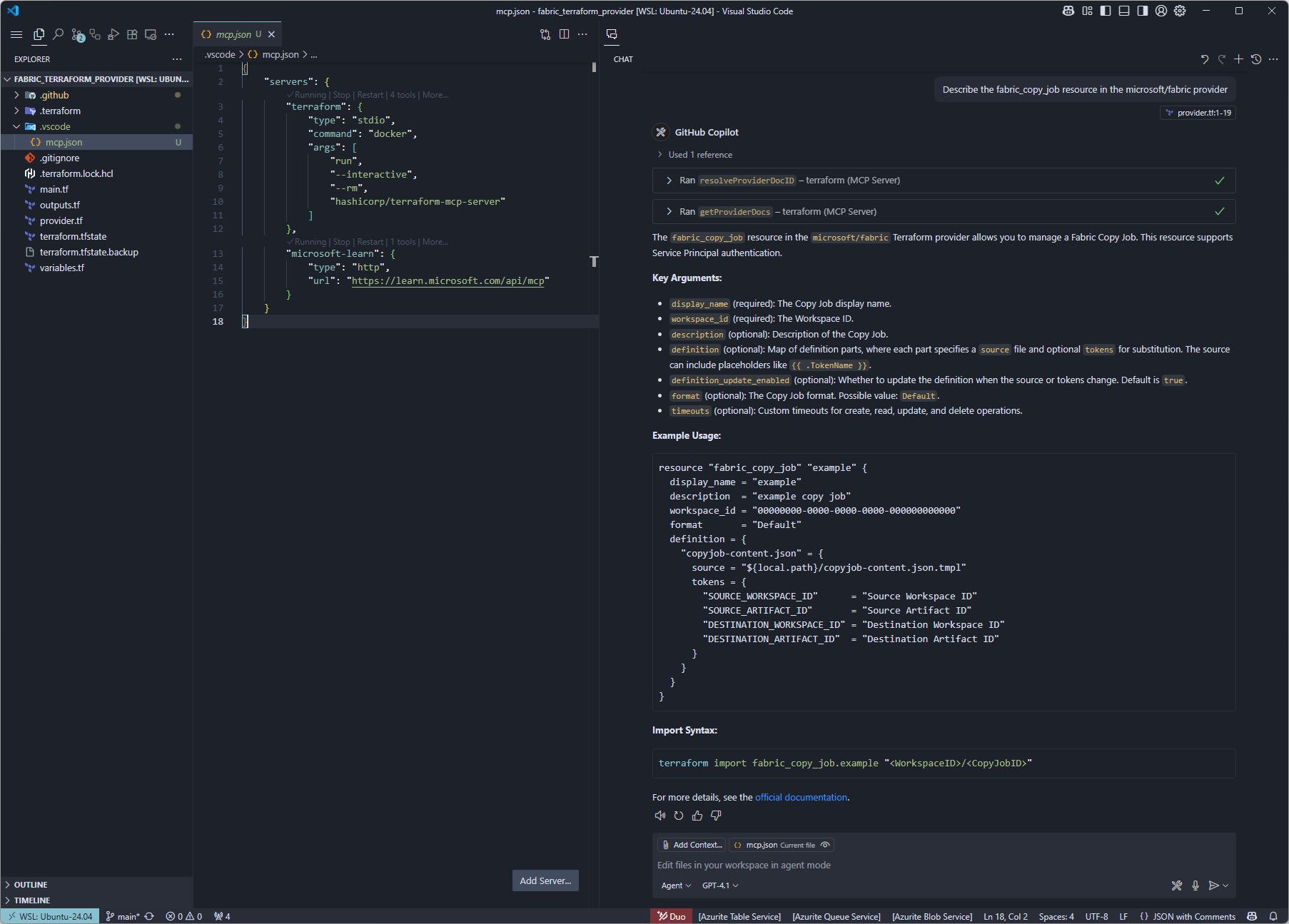 GitHub Copilot using the Terraform MCP Server to describe a resource