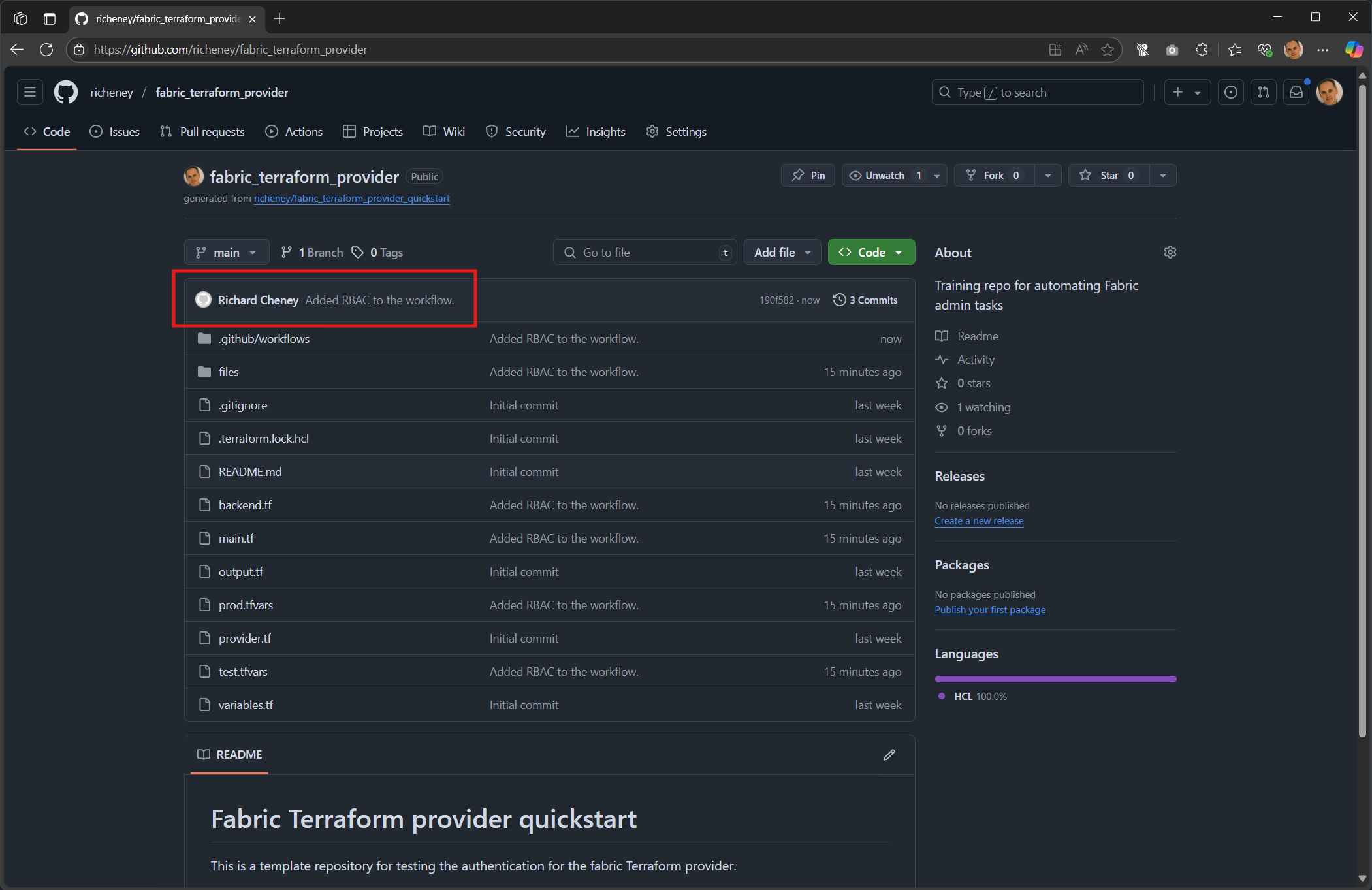 Screenshot showing the GitHub repository page with the latest commit successfully pushed and visible in the commit history.