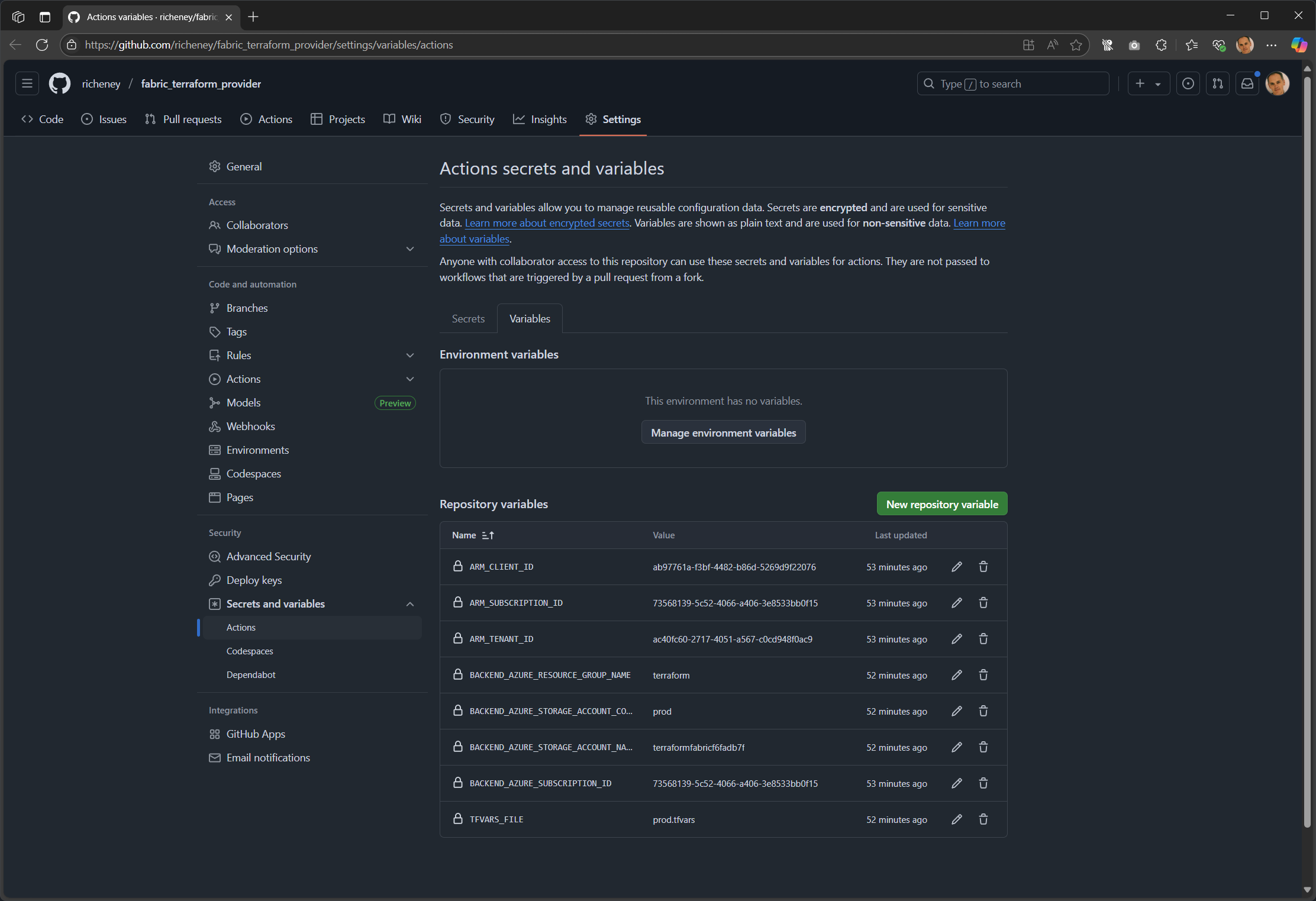Screenshot showing the GitHub repository variables page, where repository-level variables for GitHub Actions can be viewed and managed.
