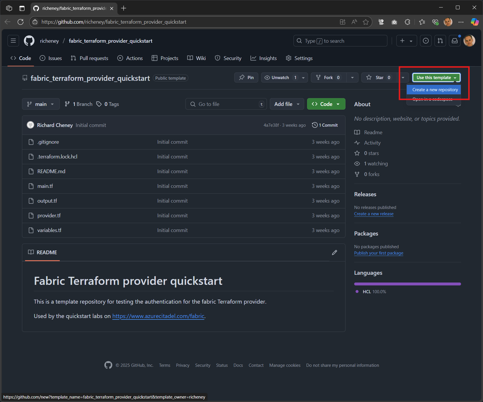 Screenshot showing the “Use this template” button on GitHub.