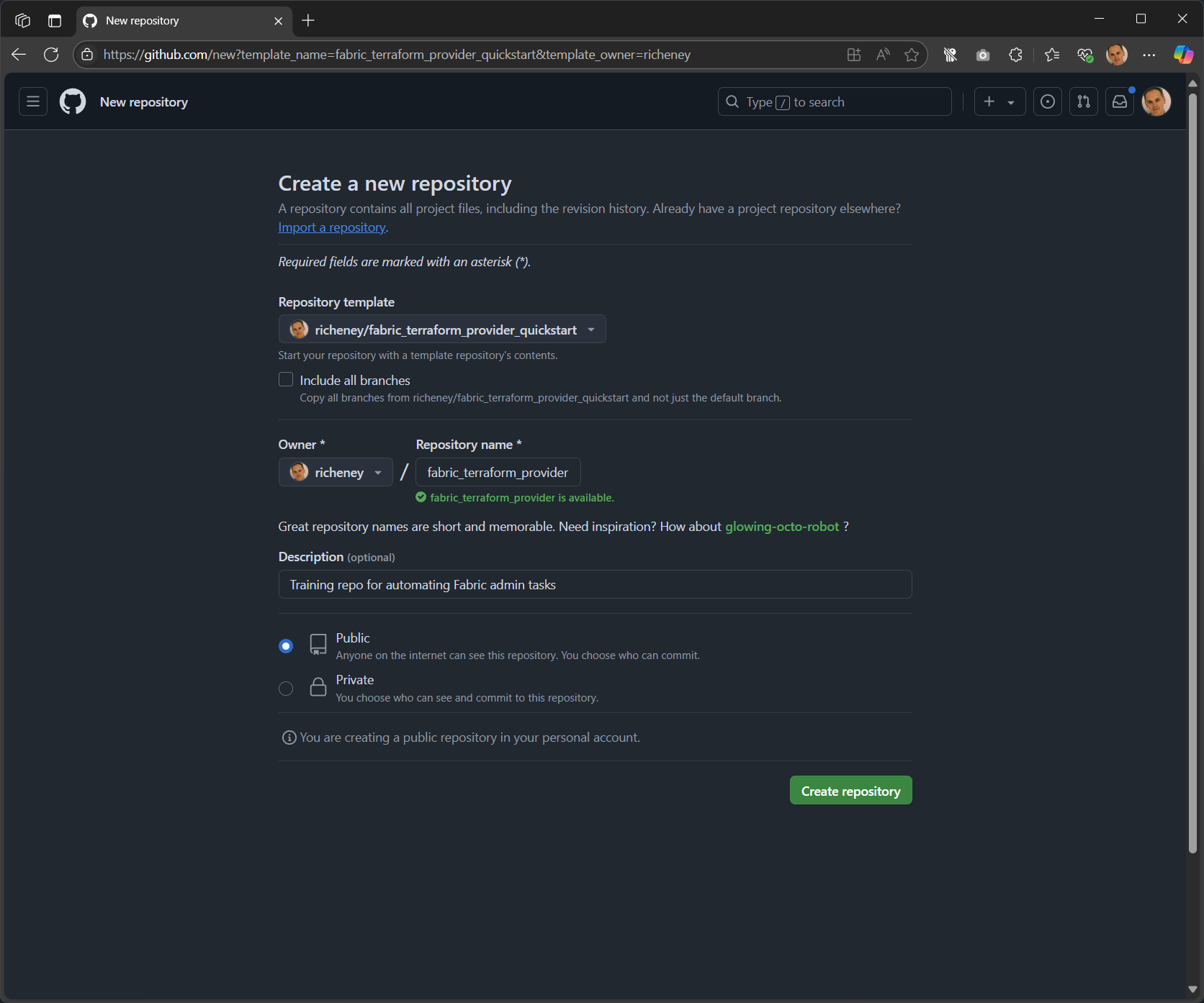 Screenshot showing the repository creation options on GitHub.