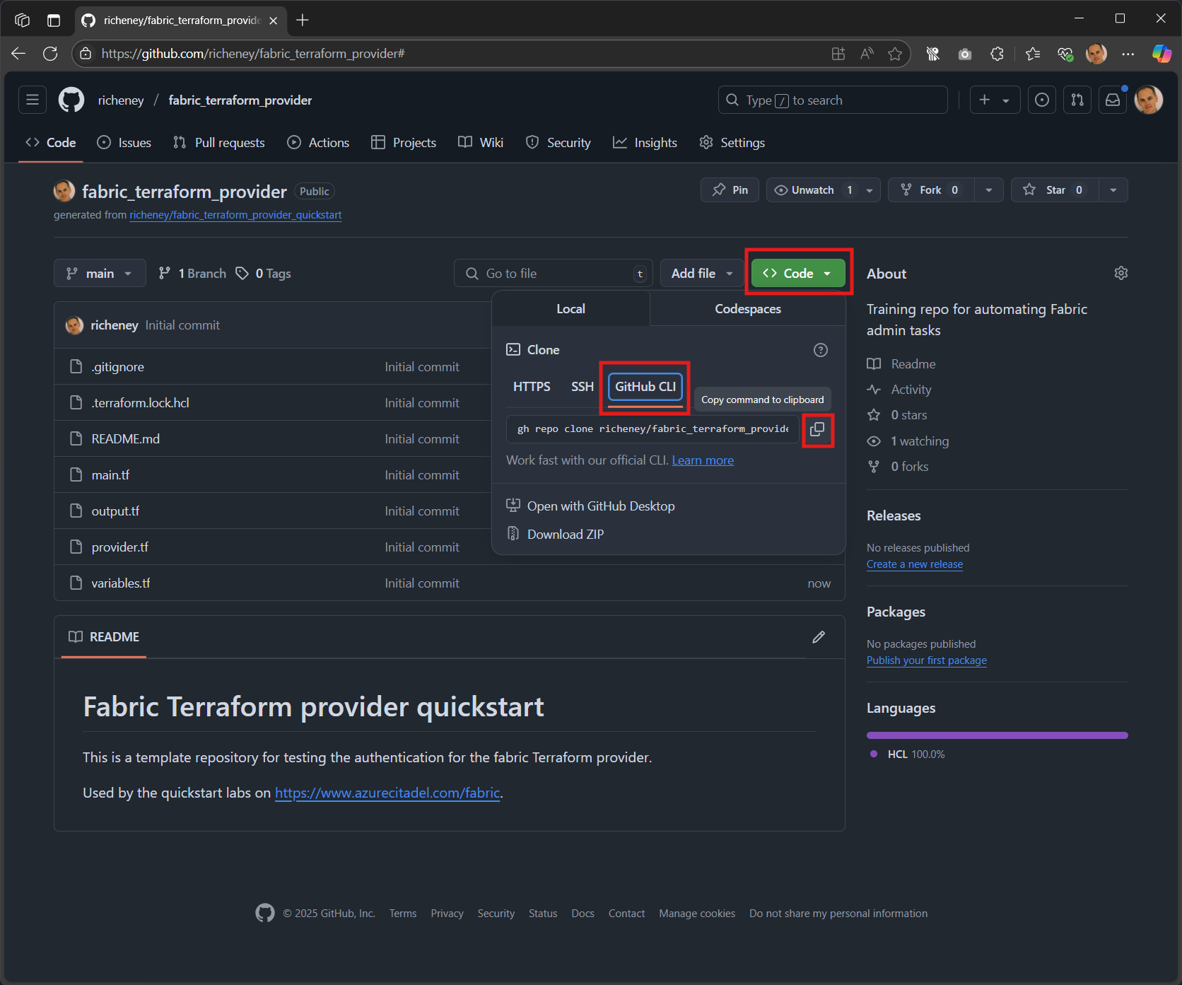 Screenshot showing the GitHub CLI command to clone a repository.