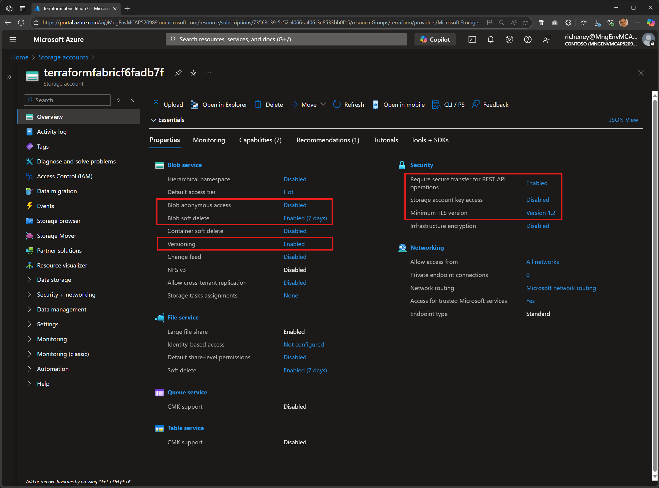 Screenshot of the Azure portal showing the storage account configured for remote state