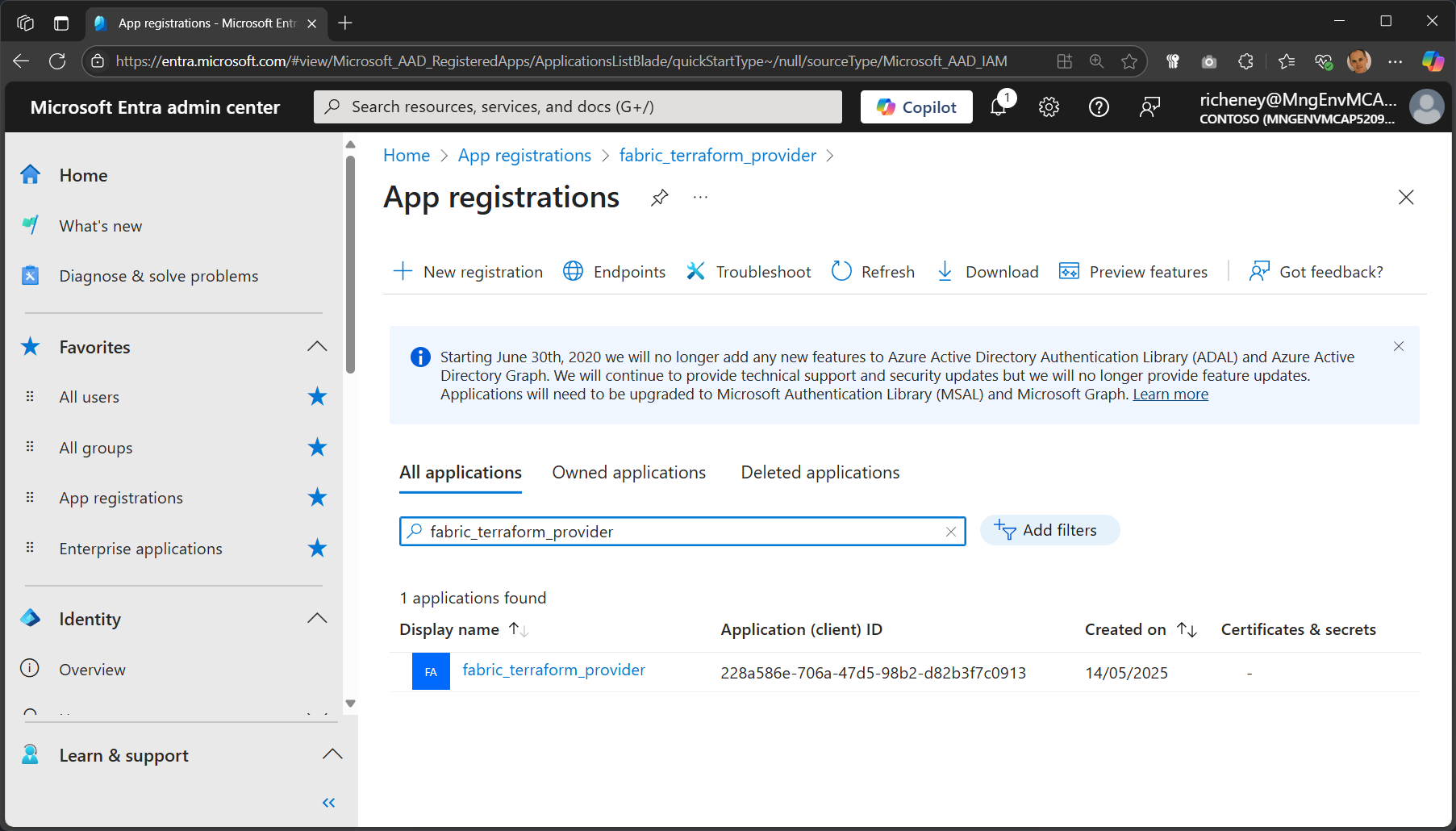 Screenshot showing the creation of the app registration in Microsoft Entra admin center.