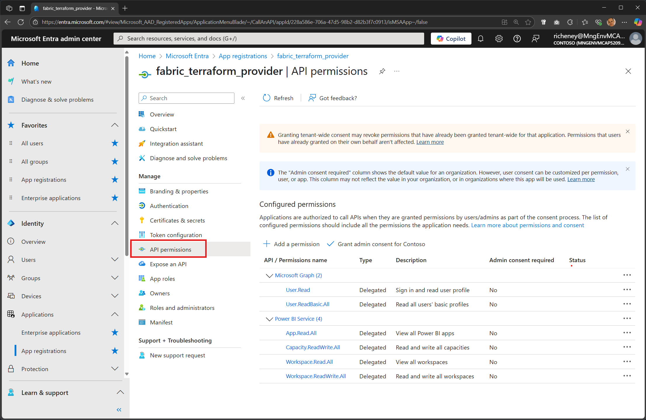 Screenshot showing the addition of delegated API permissions in Microsoft Entra admin center.
