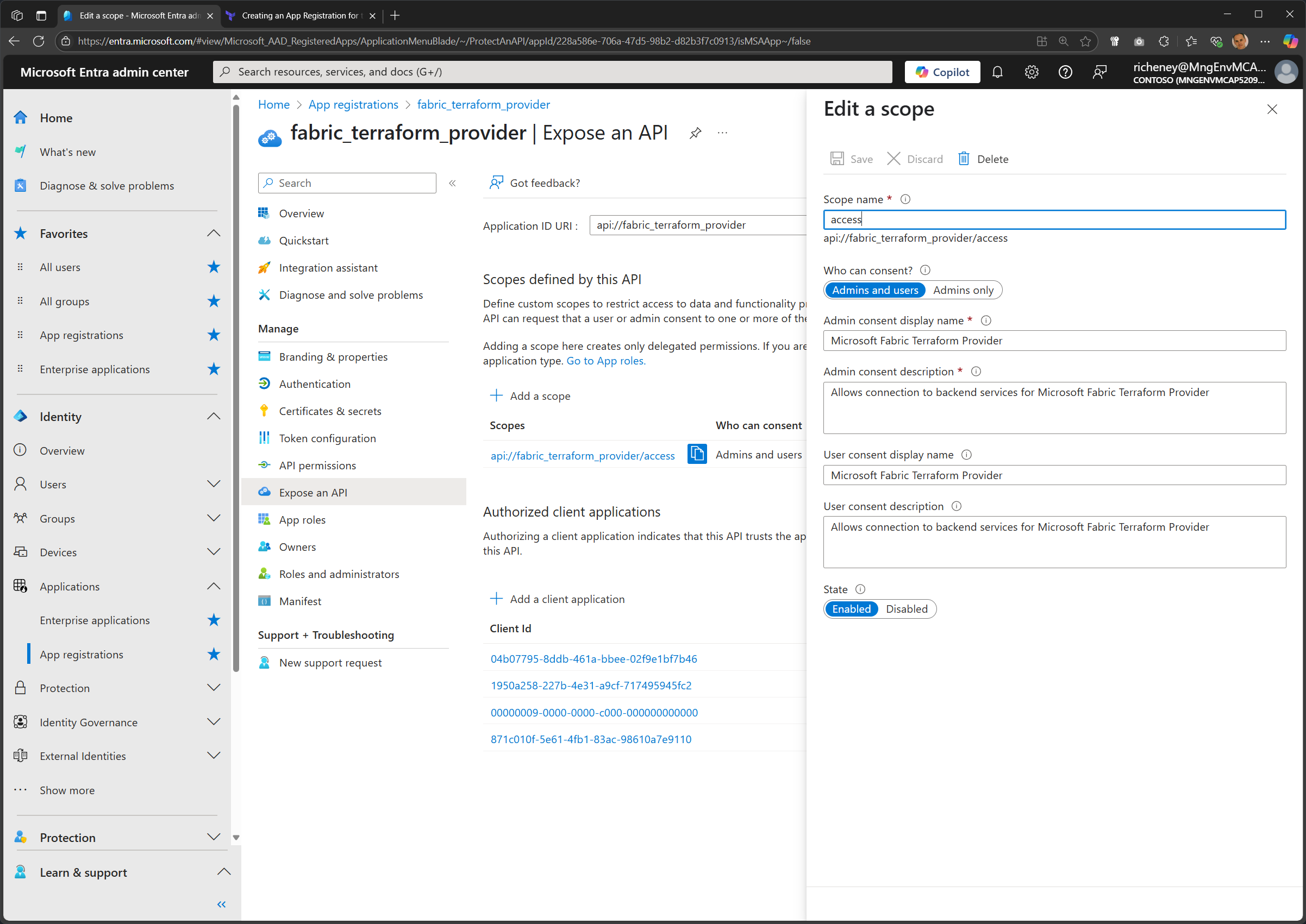 Screenshot showing the API exposure settings in Microsoft Entra admin center.