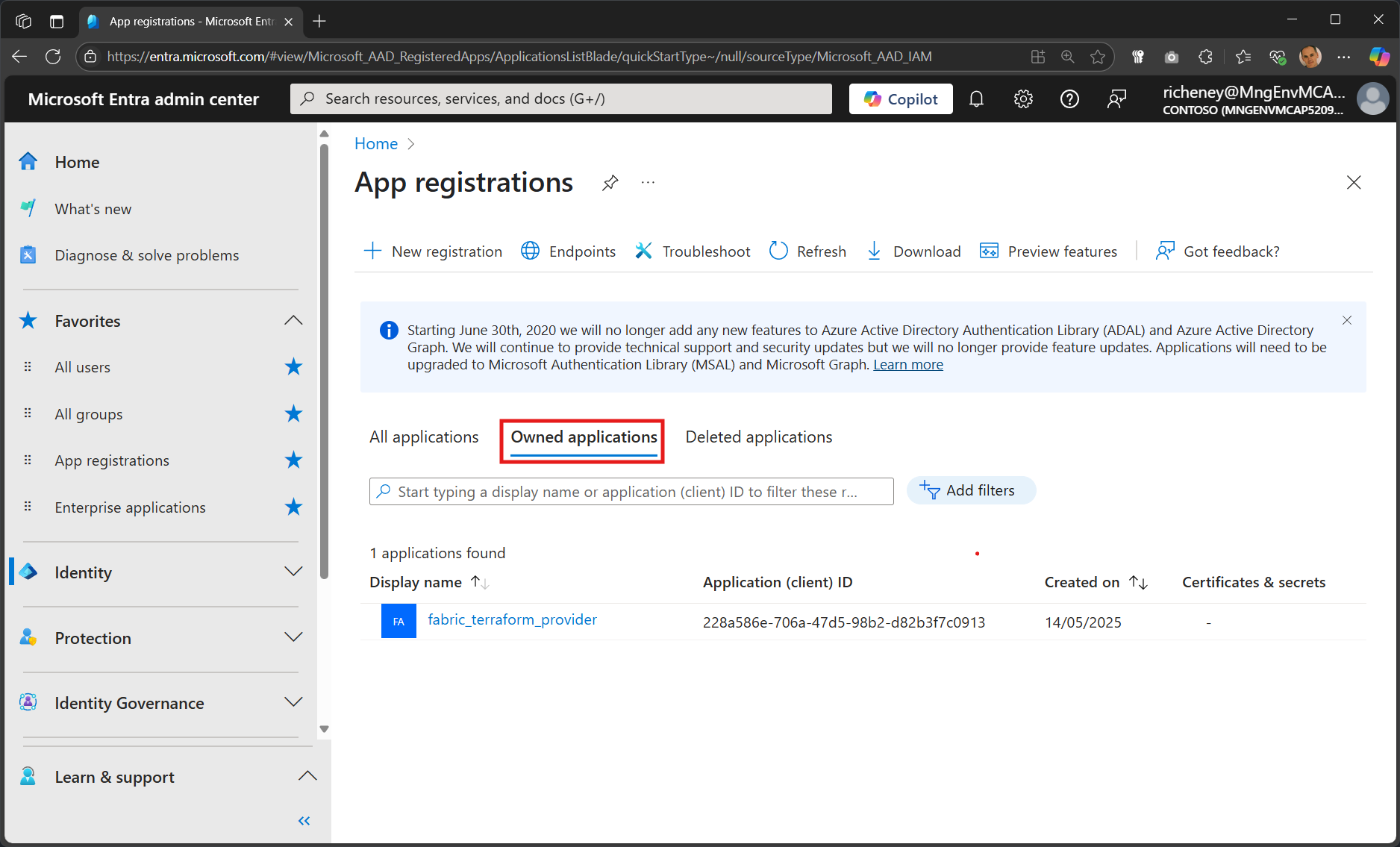 Screenshot showing the app registration listed under owned applications in Microsoft Entra admin center.