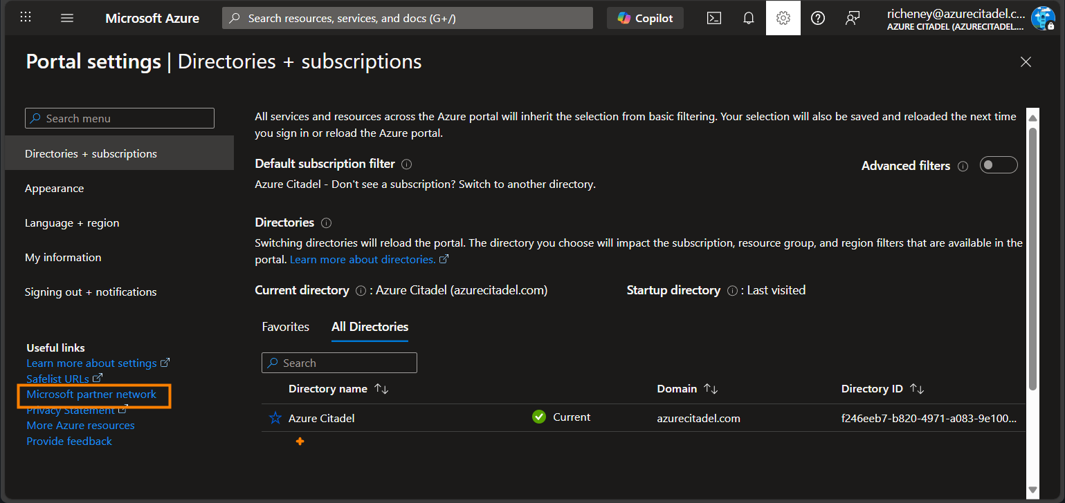 Microsoft partner network link on the Settings page in the Azure