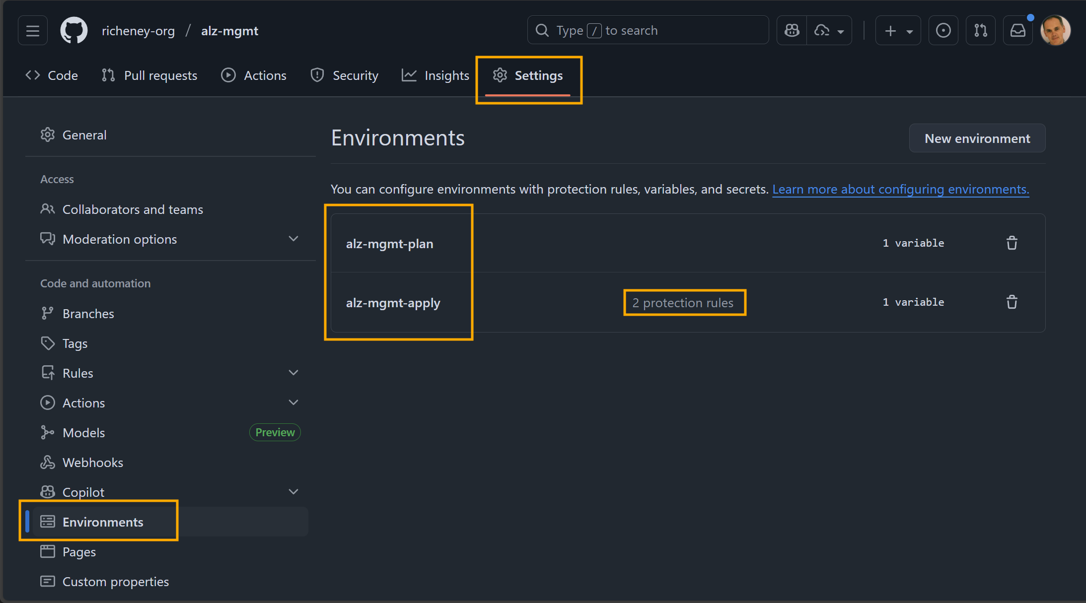 Environments configuration