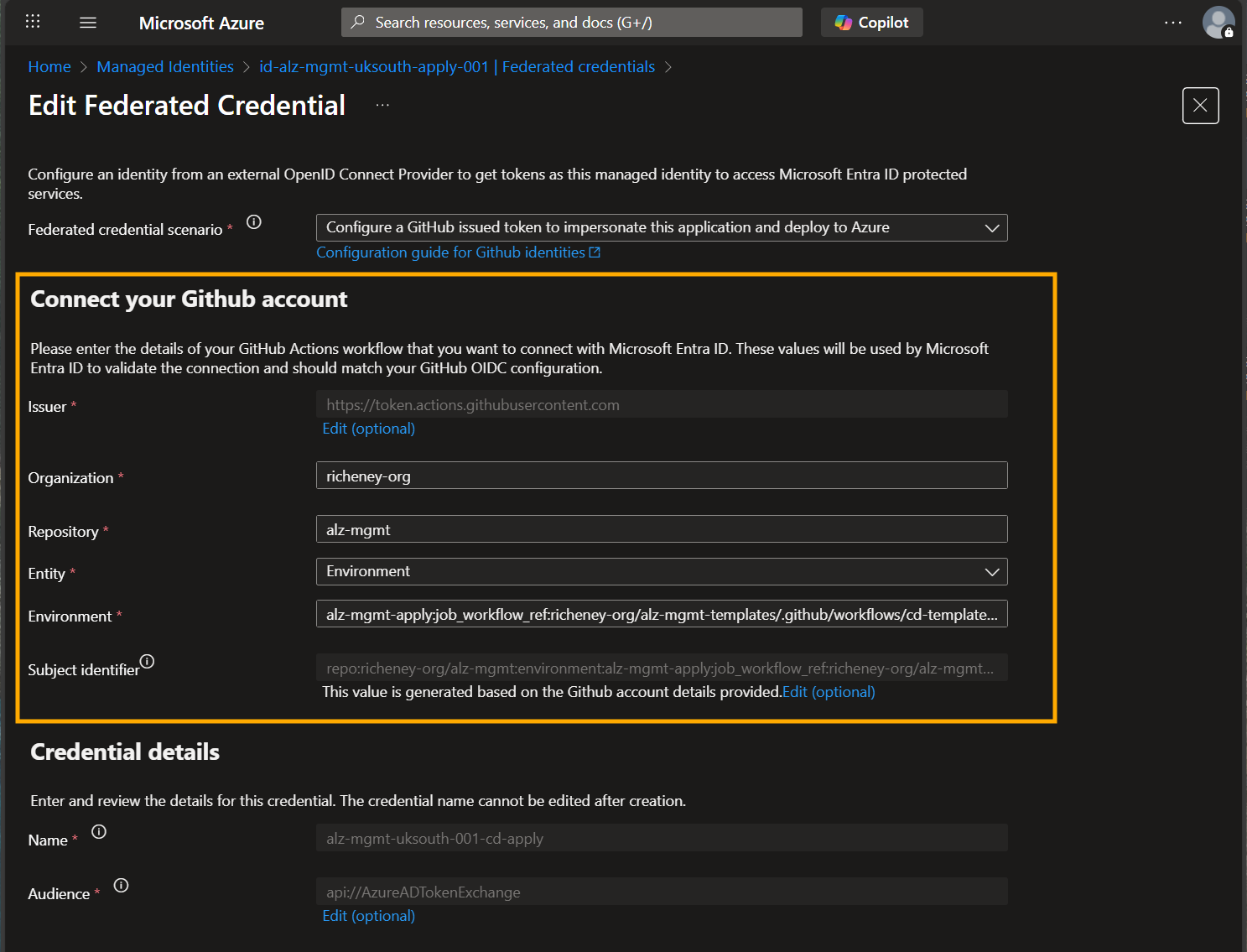 OpenID Connect federated credential for the managed identity used for the apply workflow