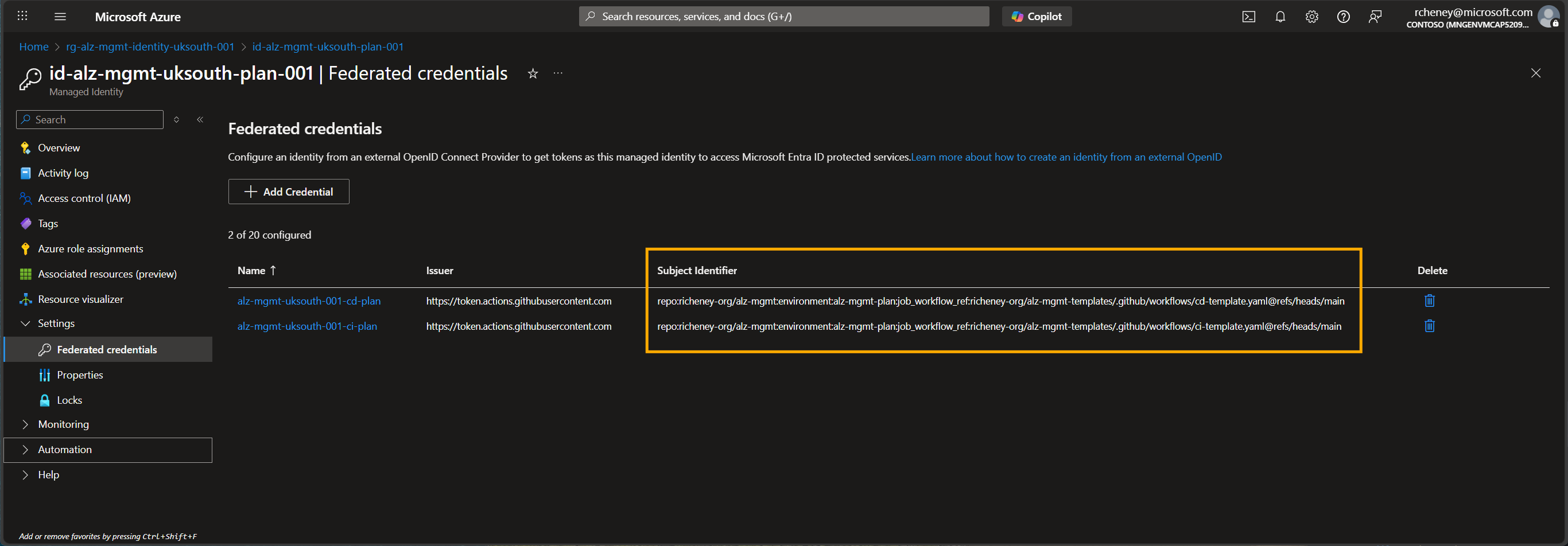 Federated workload credential for the managed identity used for the plan workflow