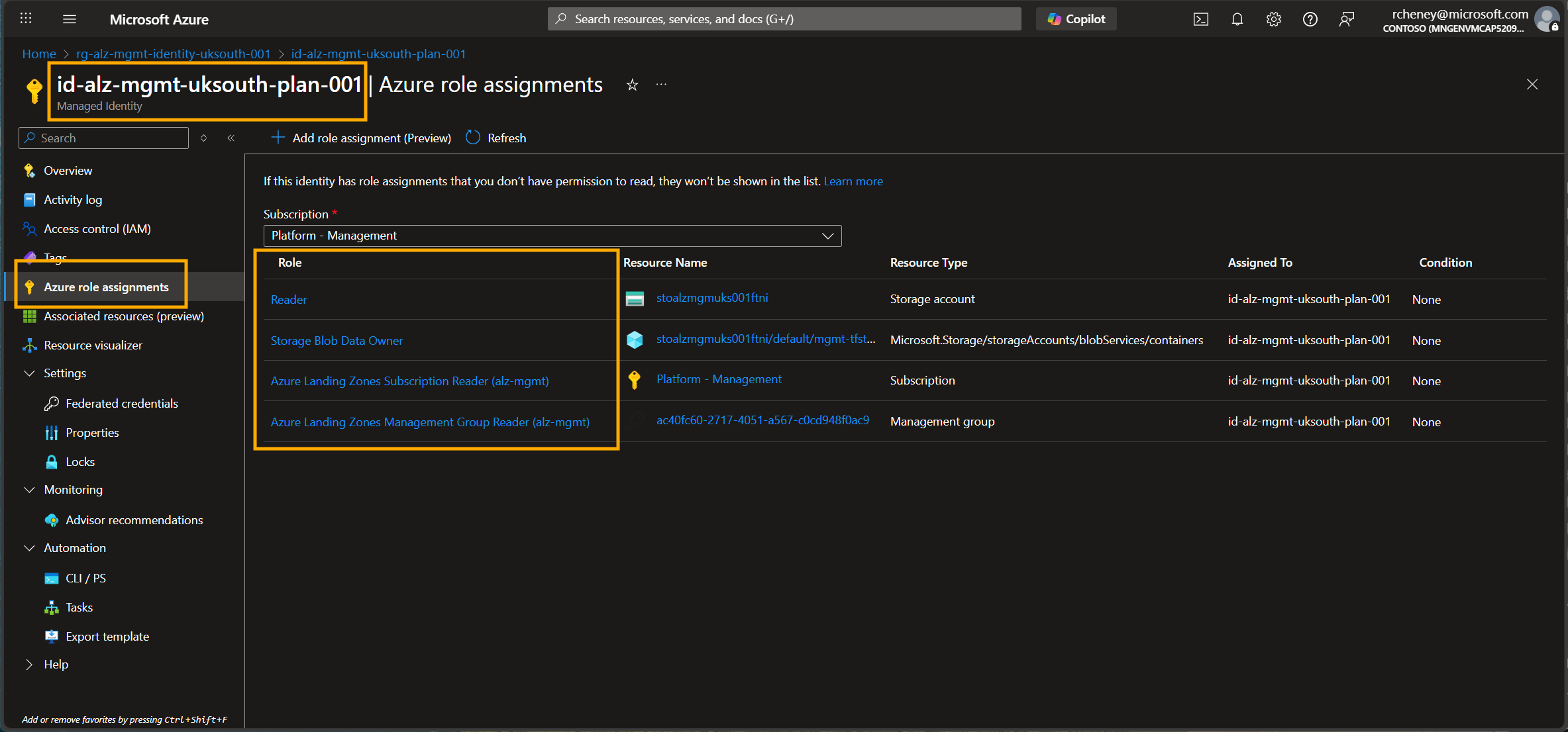 Role assignments for the managed identity used for the plan workflow